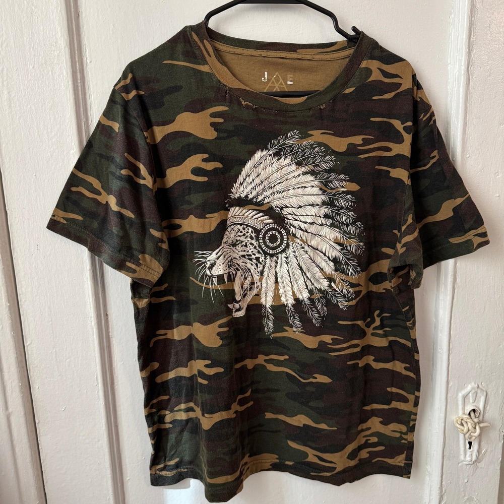 Thrashed Camo Leopard Headdress Graphic Tee Green Brown Large Tiger Meow Nature